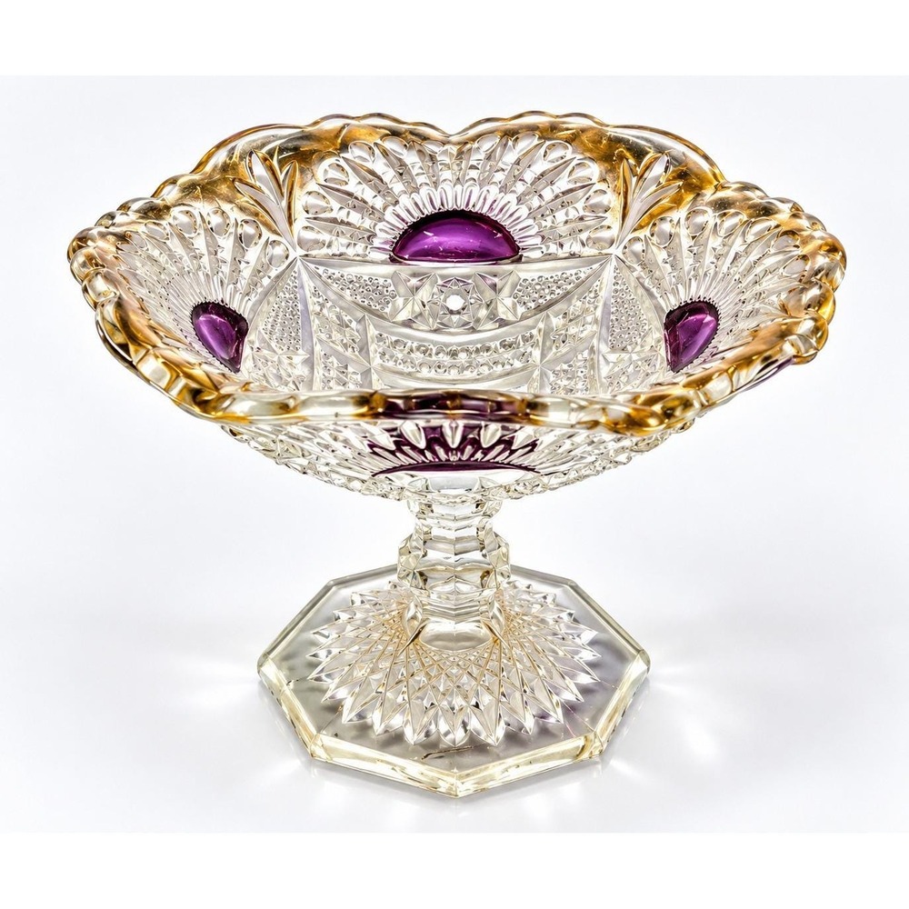 Vintage Diamond Cut Footed Glass Bowl Cranberry Gold Gilded Trim Pedestal